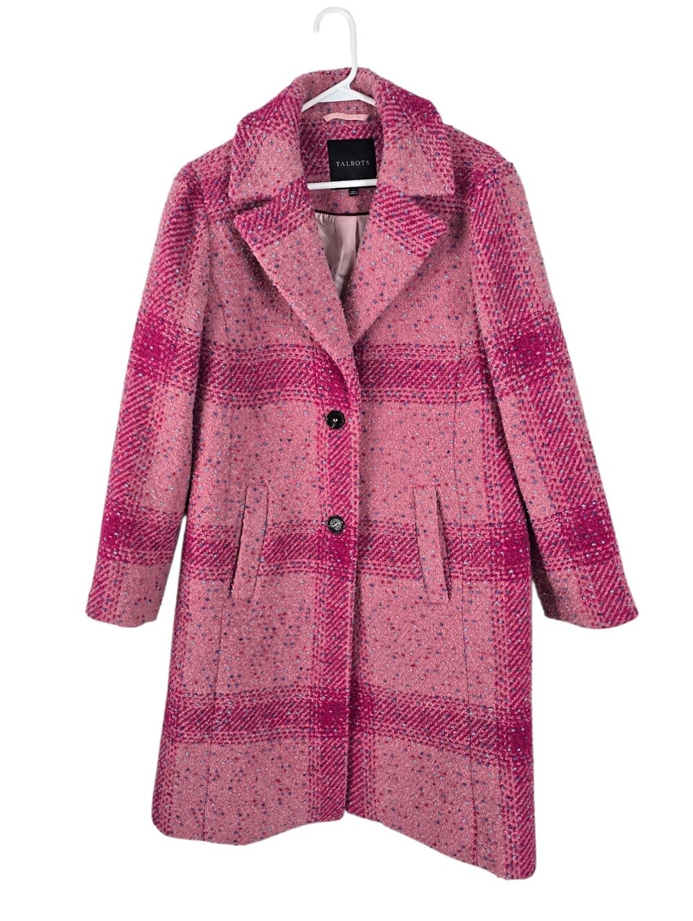 Talbots Confetti Pink Plaid Long Wool Blend Coat Jacket Size L Textured Tweed - Picture 2 of 15